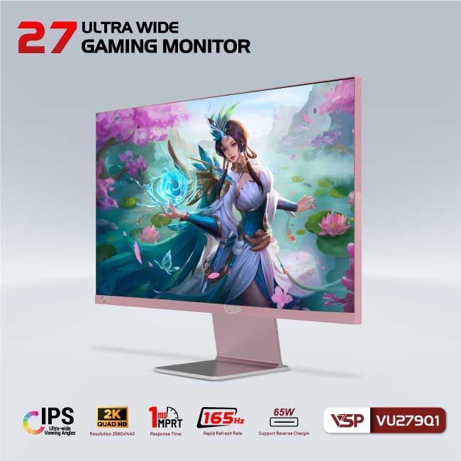 Màn hình VSP VU279Q1 - Pink | 27 inch, 2K, IPS, 165Hz, 1ms, USB C - 65w - Ảnh 2