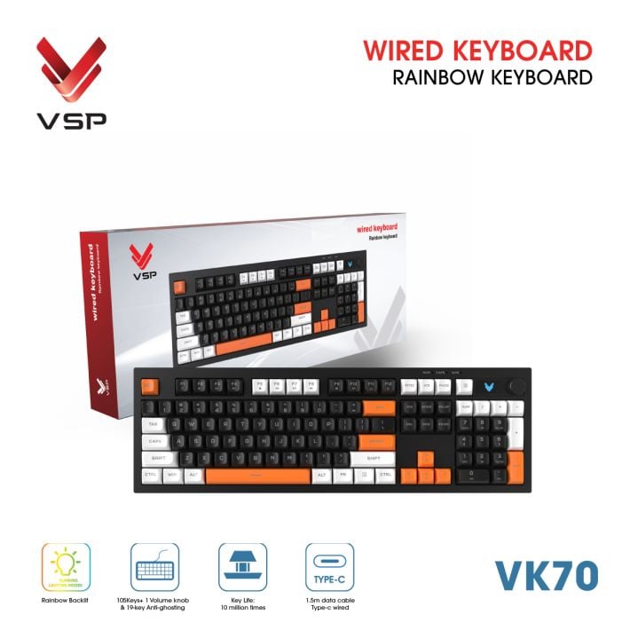 Bàn Phím Giả Cơ Có Dây VSP VK70 | Black-White-Orange (KM04-VK70000164) - Ảnh 3
