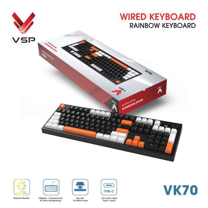 Bàn Phím Giả Cơ Có Dây VSP VK70 | Black-White-Orange (KM04-VK70000164) - Ảnh 4