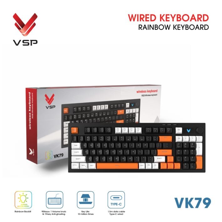 Bàn Phím Giả Cơ Có Dây VSP VK79 | Black-White-Orange (KM04-VK79000164) - Ảnh 3