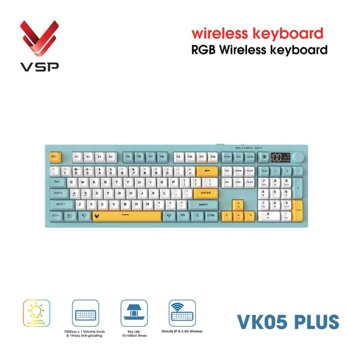Bàn Phím Giả Cơ Không Dây VSP VK05 Plus| 3 Mode, Min-White-Yellow (KM04-VK05PL0164) - Ảnh 2