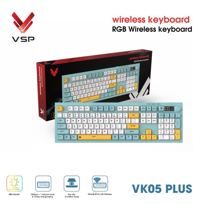 Bàn Phím Giả Cơ Không Dây VSP VK05 Plus| 3 Mode, Min-White-Yellow (KM04-VK05PL0164) - Ảnh 3
