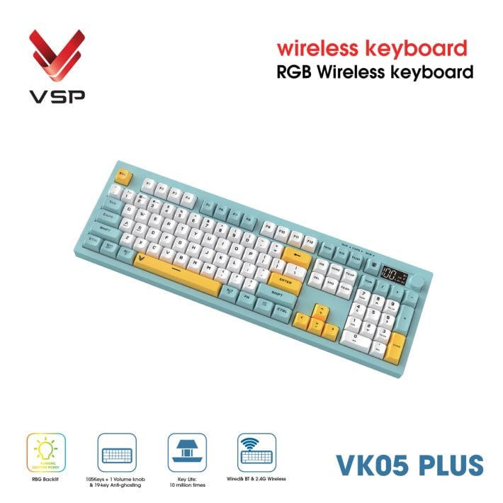 Bàn Phím Giả Cơ Không Dây VSP VK05 Plus| 3 Mode, Min-White-Yellow (KM04-VK05PL0164) - Ảnh 4