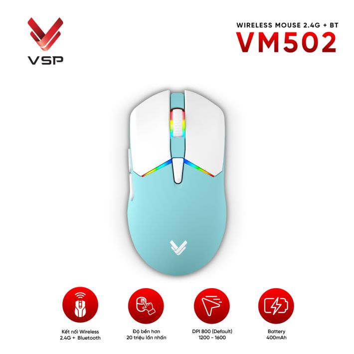 Chuột gaming VSP VM502 Mini | Wireless + Bluetooth, 10000 DPI, 62g, RGB, Trắng - Ảnh 2