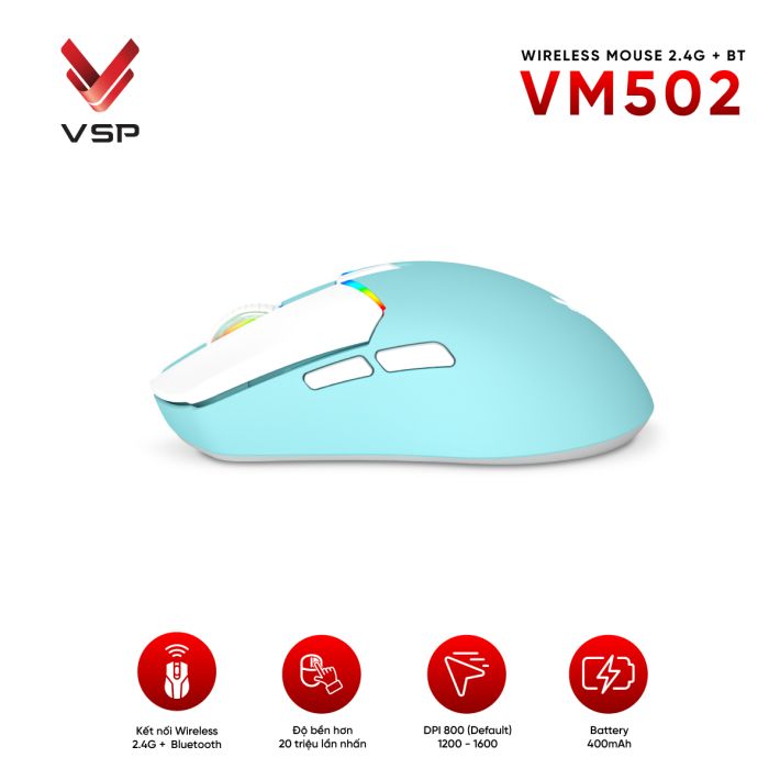 Chuột gaming VSP VM502 Mini | Wireless + Bluetooth, 10000 DPI, 62g, RGB, Trắng - Ảnh 3