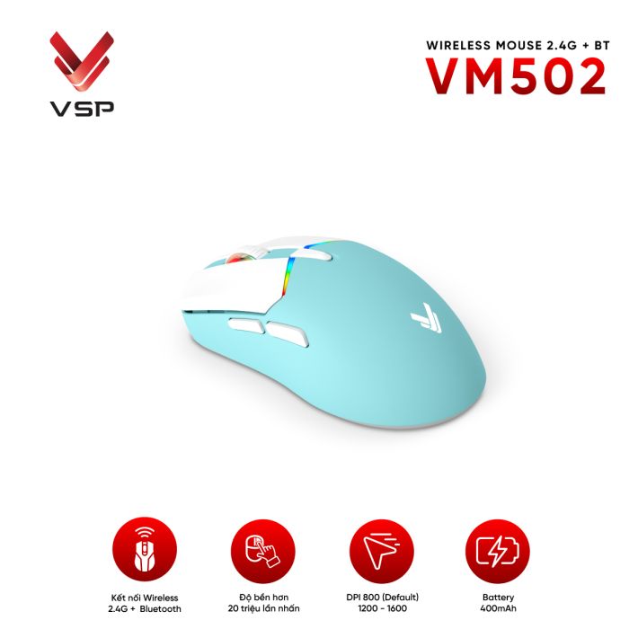 Chuột gaming VSP VM502 Mini | Wireless + Bluetooth, 10000 DPI, 62g, RGB, Trắng - Ảnh 4