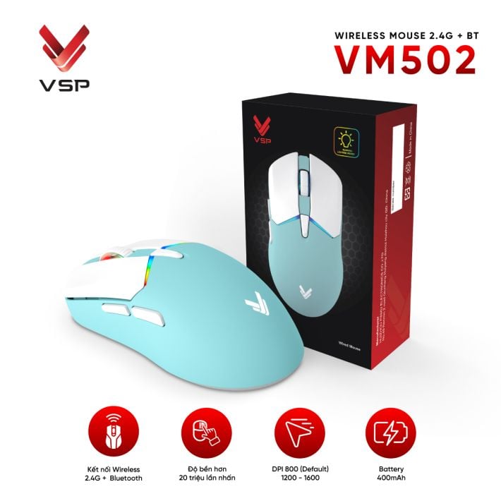 Chuột gaming VSP VM502 Mini | Wireless + Bluetooth, 10000 DPI, 62g, RGB, Trắng - Ảnh 5