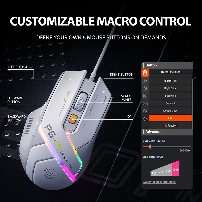 Chuột gaming INPHIC PG1 Chính Hãng | Wired, 12800 DPI, 78g, Trắng - Ảnh 4