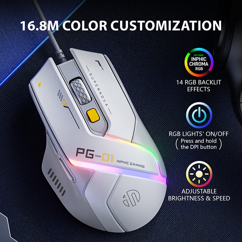 Chuột gaming INPHIC PG1 Chính Hãng | Wired, 12800 DPI, 78g, Trắng - Ảnh 3